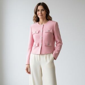 1192 • Scuba Stretch Pink Collarless Silver Button Lady Jacket Blazer Top